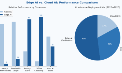 Comparison chart of cloud AI vs edge AI latency, bandwidth, and privacy across industrial and retail deployments