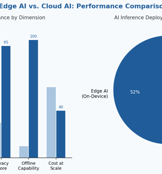 Comparison chart of cloud AI vs edge AI latency, bandwidth, and privacy across industrial and retail deployments